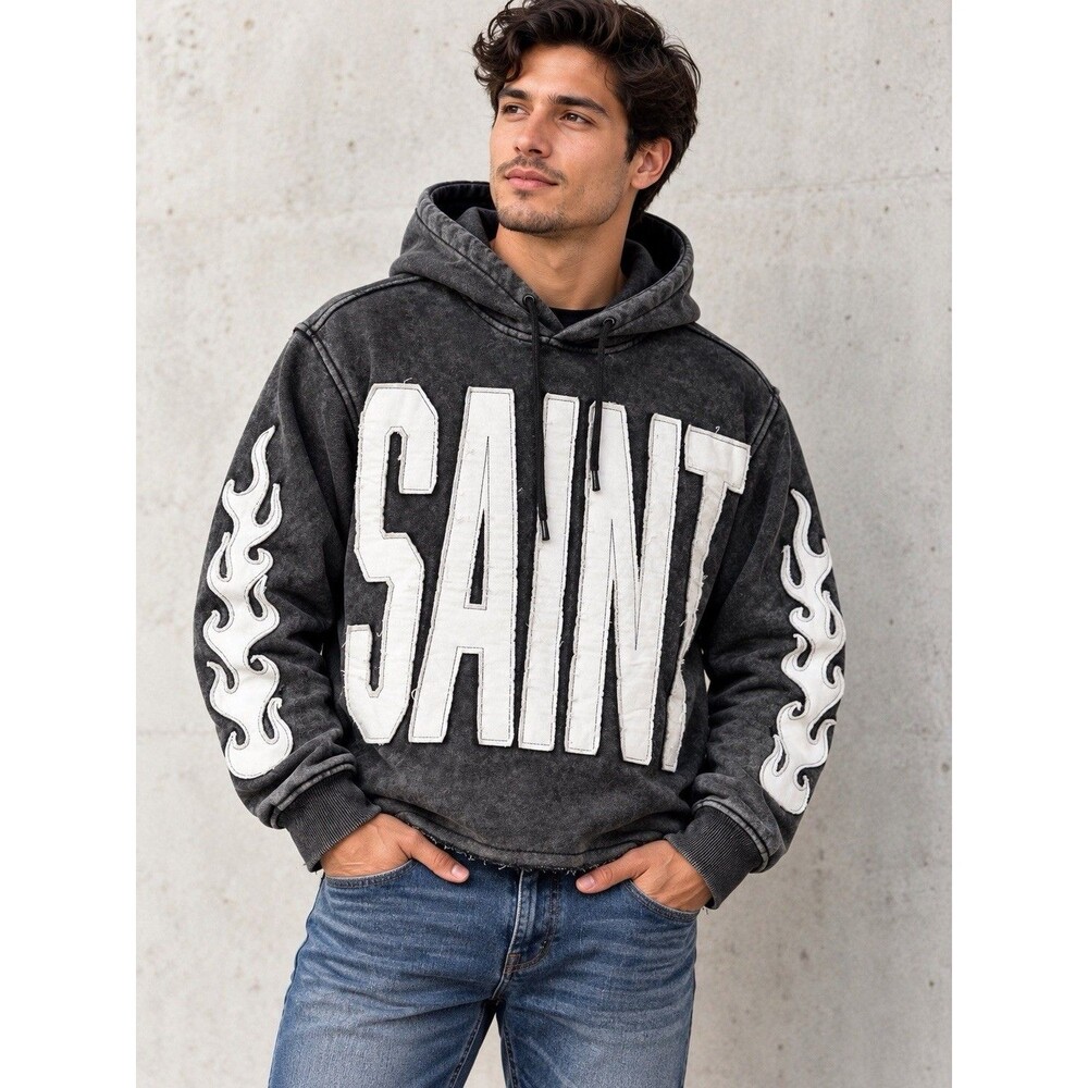 Copper Rivet Denim Factory Men’s Small Black Acid Wash SAINT Flame Hoodie